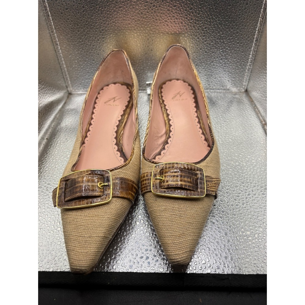 J. Vincent Womens Tan Canvas Brown Croc Embossed Buckle Pointed Toe